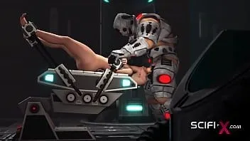 Play A sexy horny bald girl in cuffs gets fucked hard by a sex cyborg in the lab